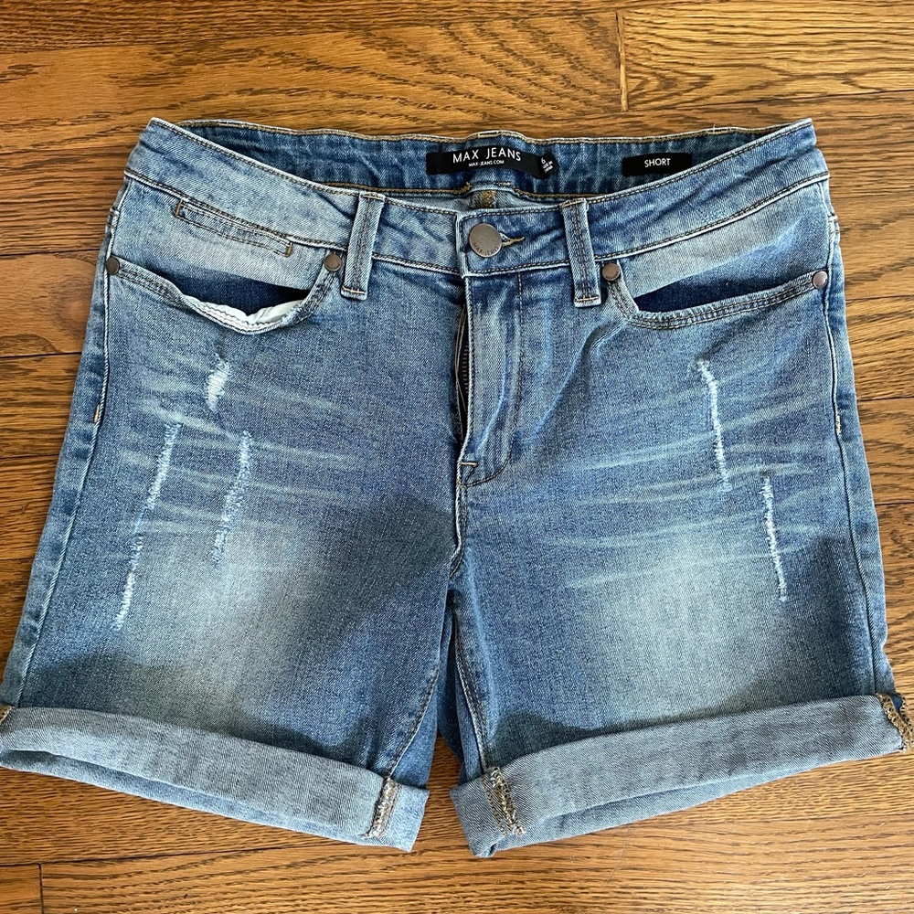 Slightly distressed high-waist jean shorts